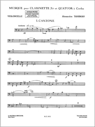 Musique - clarinette et quatuor à cordes - Parties - Alexandre Tansman